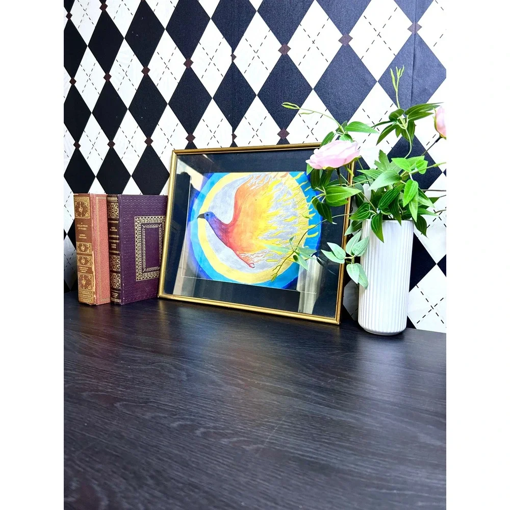 Original Framed Phoenix Bird Painting Celestial Outsider‎ Folk Art 15